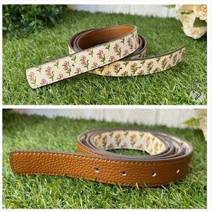 Tory Burch BELT Britten Floral/Moose Brown Reversible 1”Inch W women L no buckle